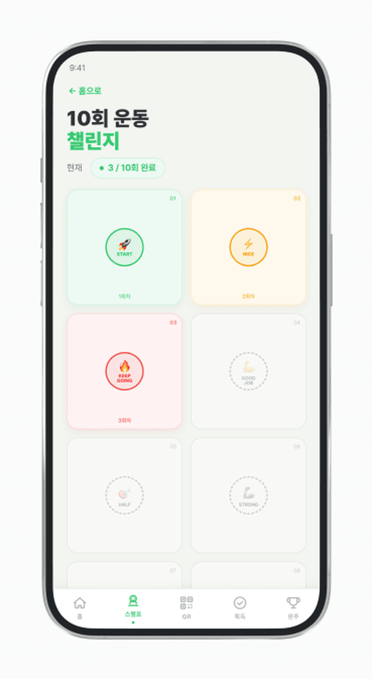 10회 운동 챌린지 스탬프판. 6칸 중 3칸이 적립 완료로 채워져 있고 나머지는 잠긴 상태다.